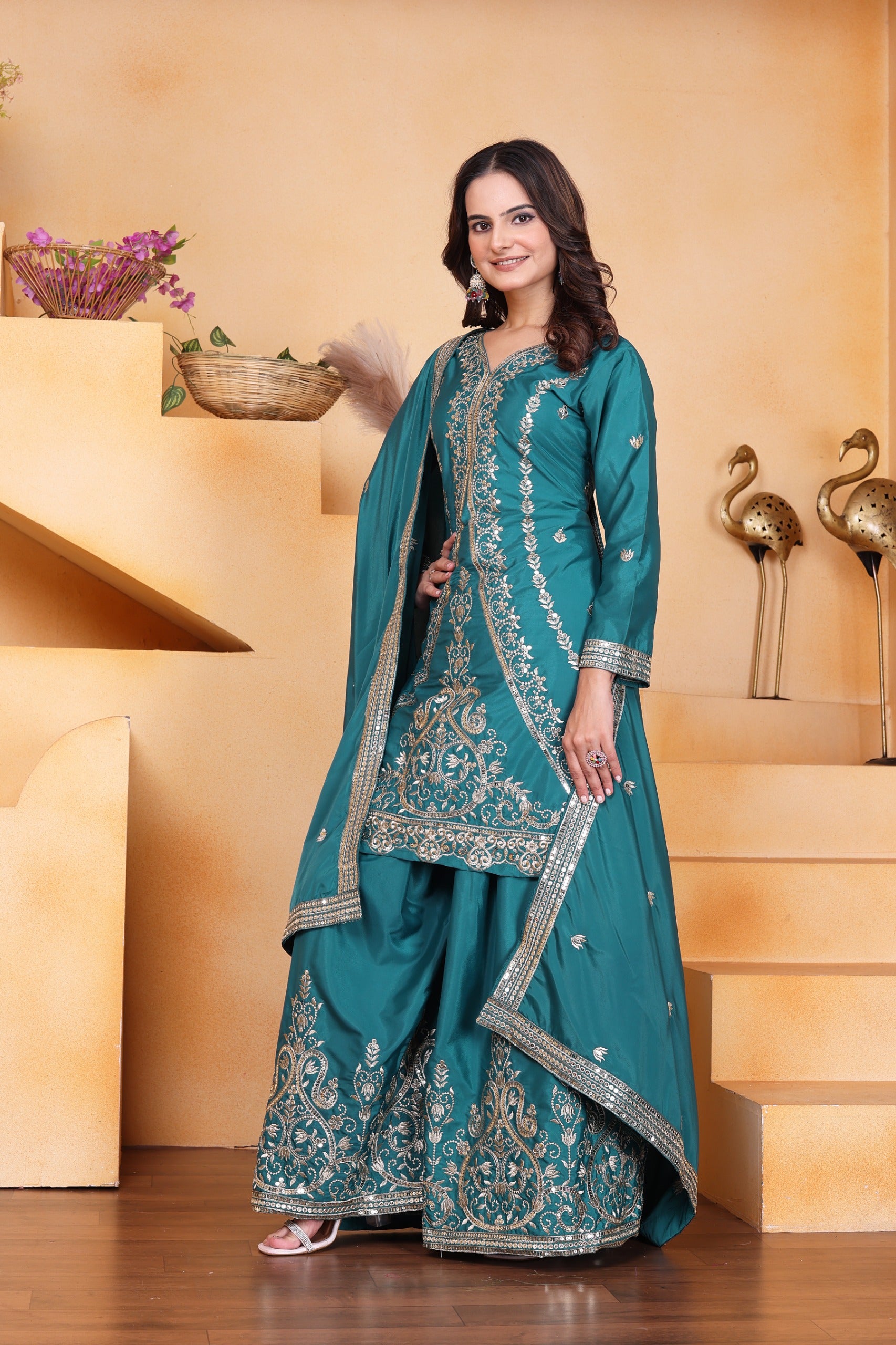 New Designer Embroidered Natural Crep Sharara Suit With Sequence Embroidered Work