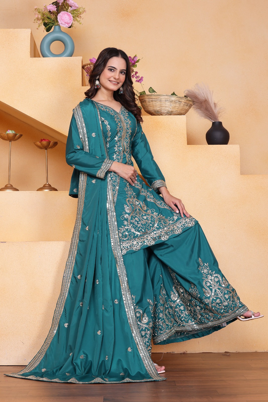 New Designer Embroidered Natural Crep Sharara Suit With Sequence Embroidered Work