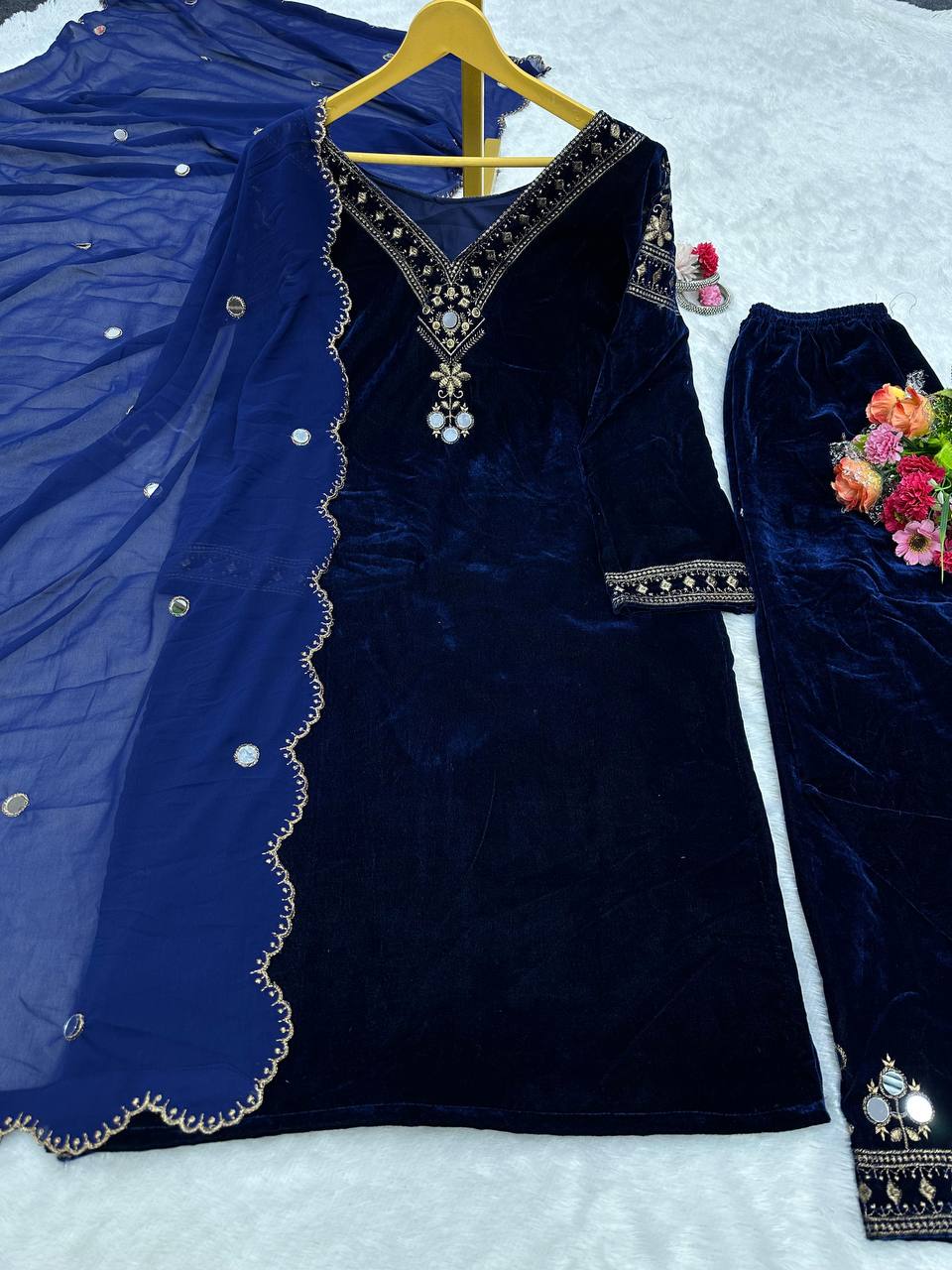 Velvet Suit-Pent-Dupatta Set with Thread & Real Mirror Work – Party / Festive Wear