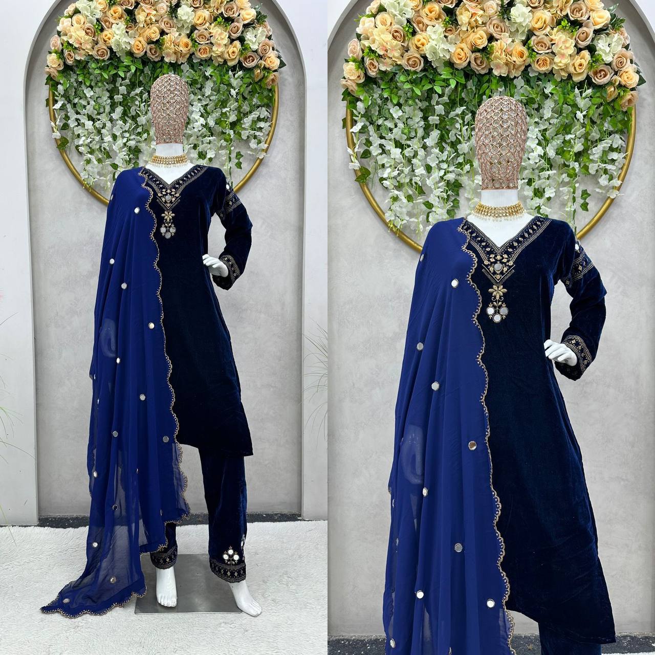 Velvet Suit-Pent-Dupatta Set with Thread & Real Mirror Work – Party / Festive Wear