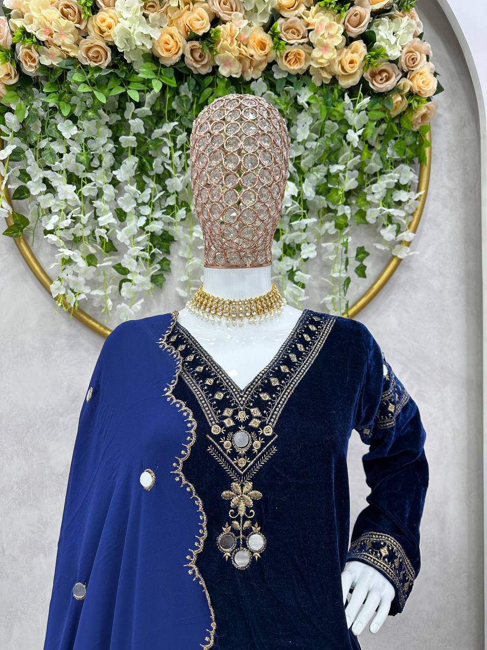 Velvet Suit-Pent-Dupatta Set with Thread & Real Mirror Work – Party / Festive Wear