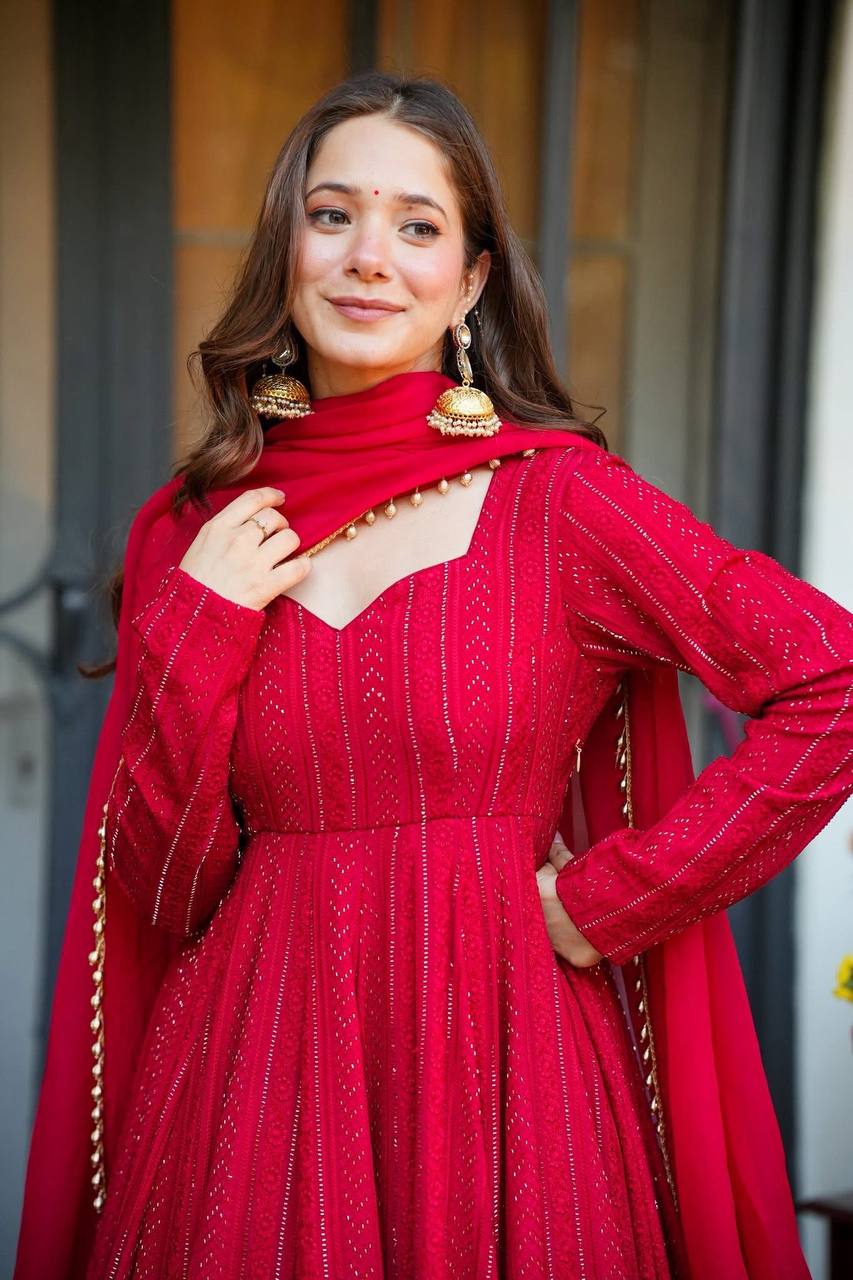 Premium Anarkali Lal-Pink Suit Set (3 Piece Set)