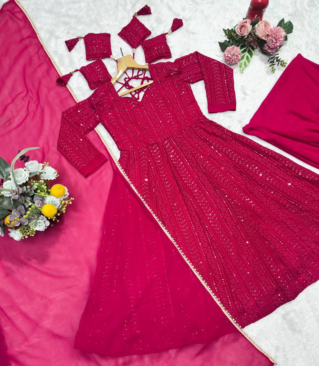 Premium Anarkali Lal-Pink Suit Set (3 Piece Set)