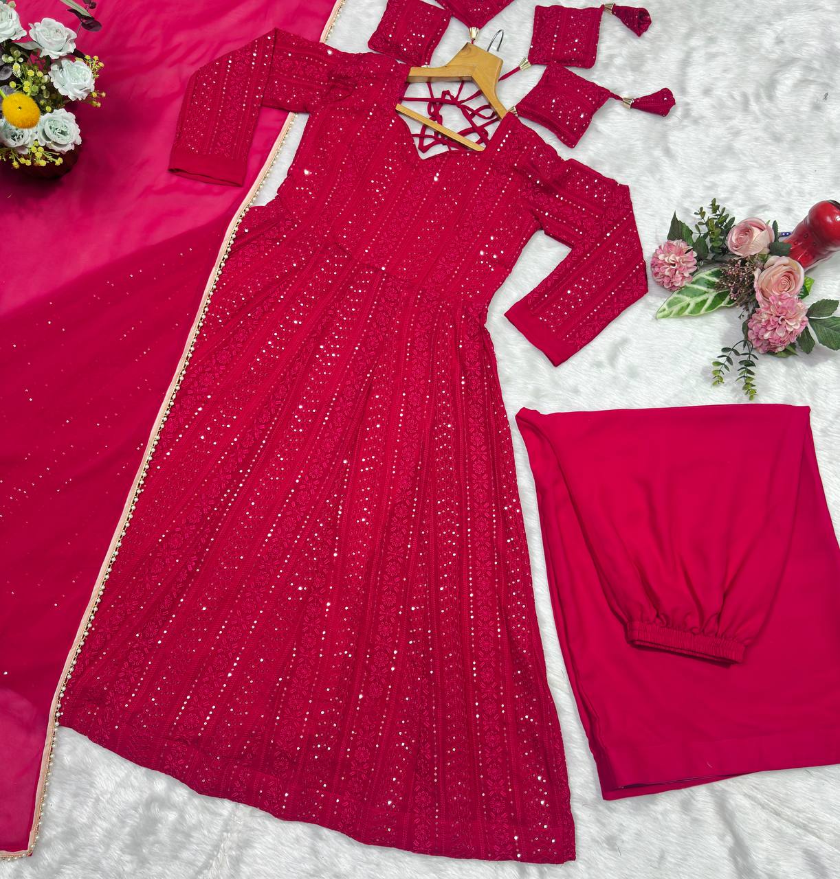 Premium Anarkali Lal-Pink Suit Set (3 Piece Set)