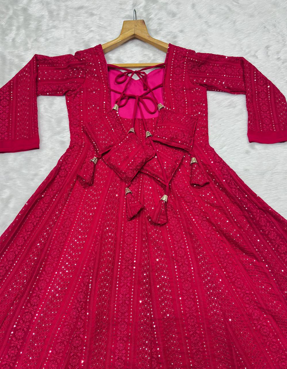 Premium Anarkali Lal-Pink Suit Set (3 Piece Set)