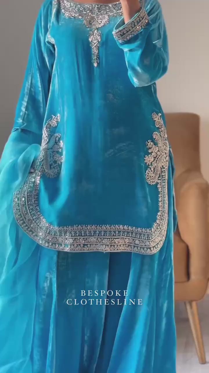 EMBROIDERY CHINE  SEQUENCE WORK  WITH FANCY TOP PALAZZO DUPATTA SET